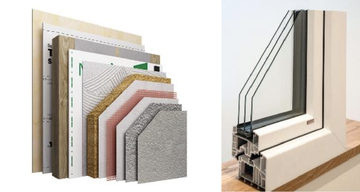 左：断熱材や壁の構造のイメージ　右：トリプルガラスを標準とする高性能樹脂サッシのイメージ
